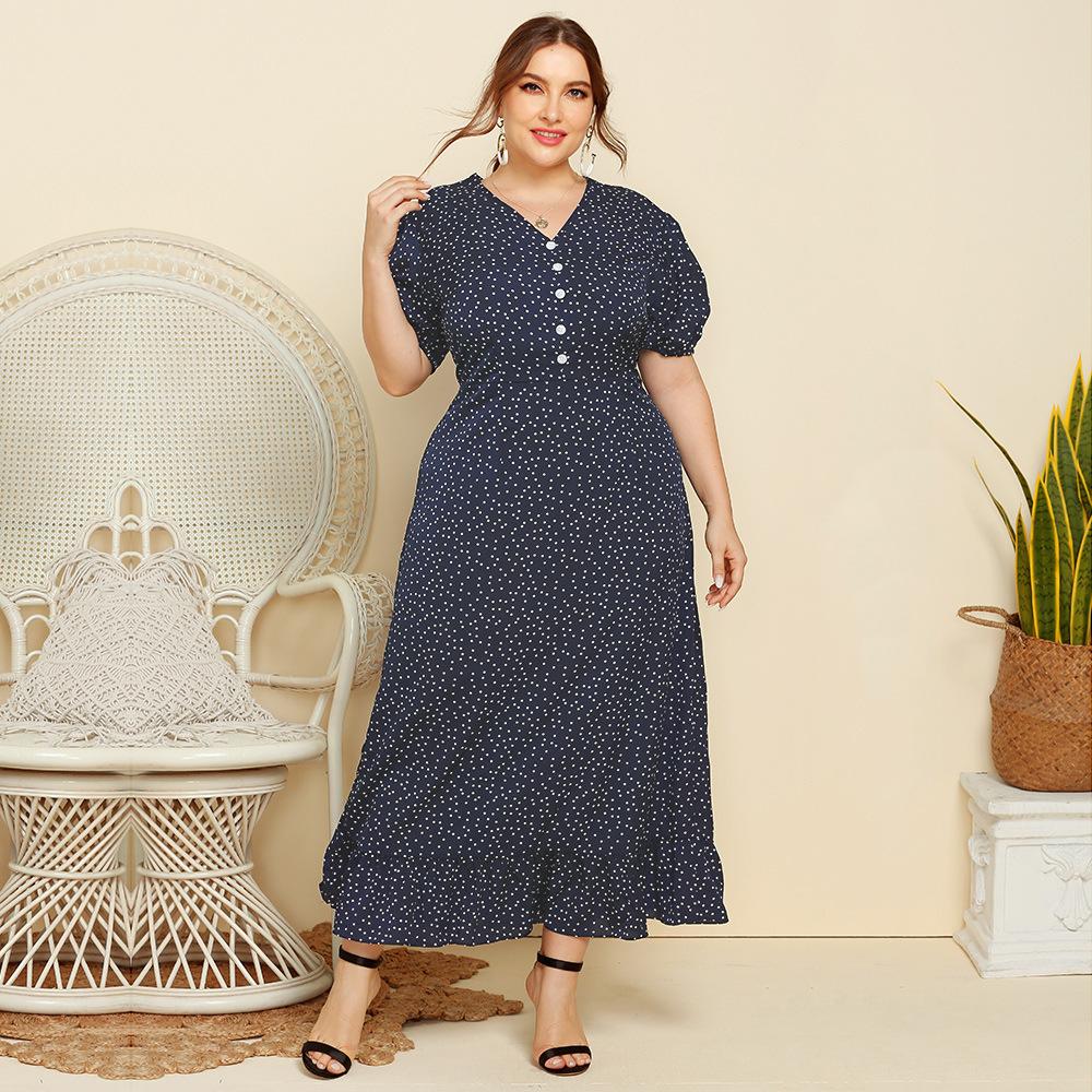 RC BAG Puff Sleeve Button Front Print Dress Women Elegant Vintage Ruffle Hem Dresses Plus Size V Neck Casual Women Long Dress