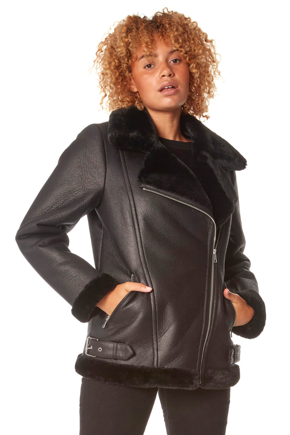 Roman Originals Faux Fur Lined Zip Detail Aviator Jacket