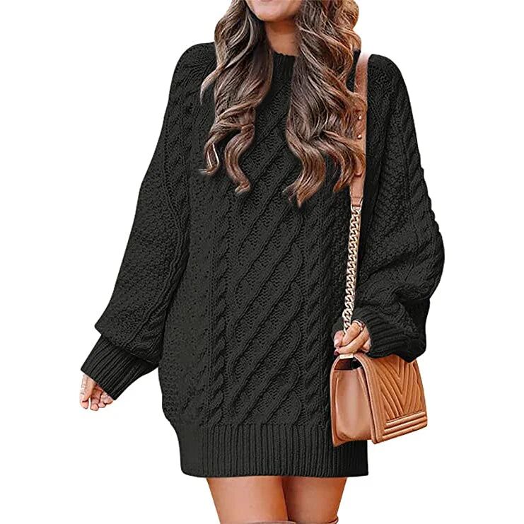 DailySale Women Crewneck Long Sleeve Oversized Cable Knit Chunky Pullover Short Sweater Dresses