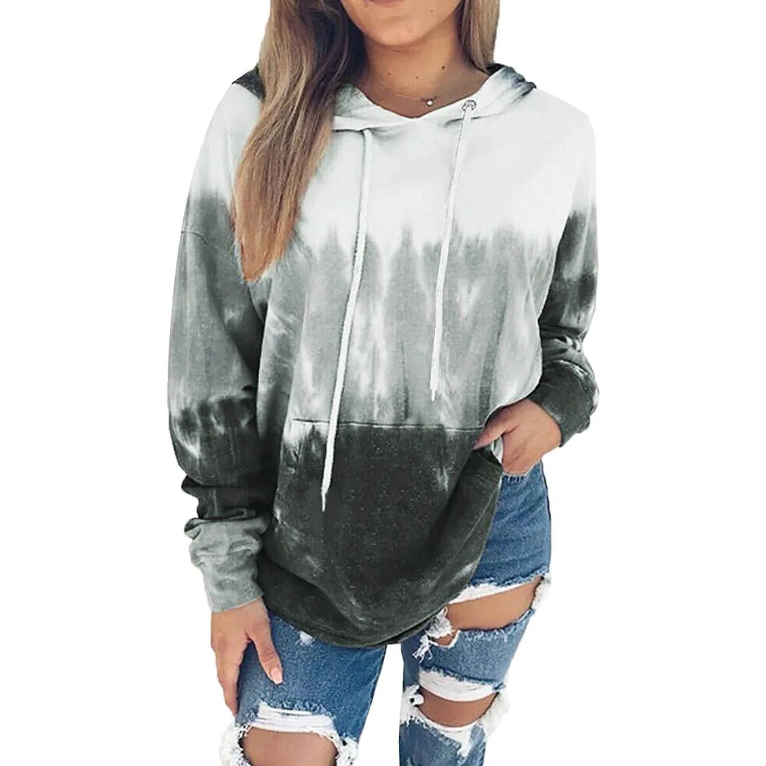 DailySale Women Hoodies Tops Tie Dye Printed Long Sleeve Drawstring Pullover Sweatshirts with Pocket