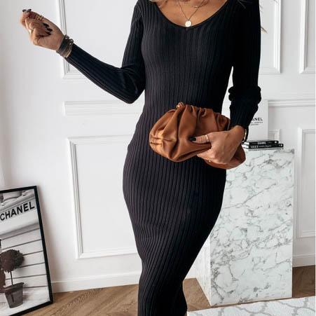 DailySale Women's Long Sleeve Dress V-neck Casual Dresses Soid Color Stripe Bodycon Dress Plus Size Long Dress