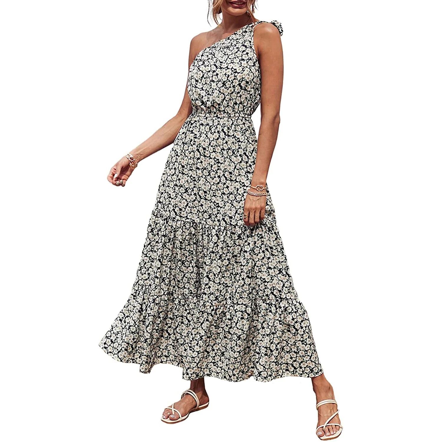 DailySale Women's Summer Floral One Shoulder Ruffled Hem Maxi Dresses