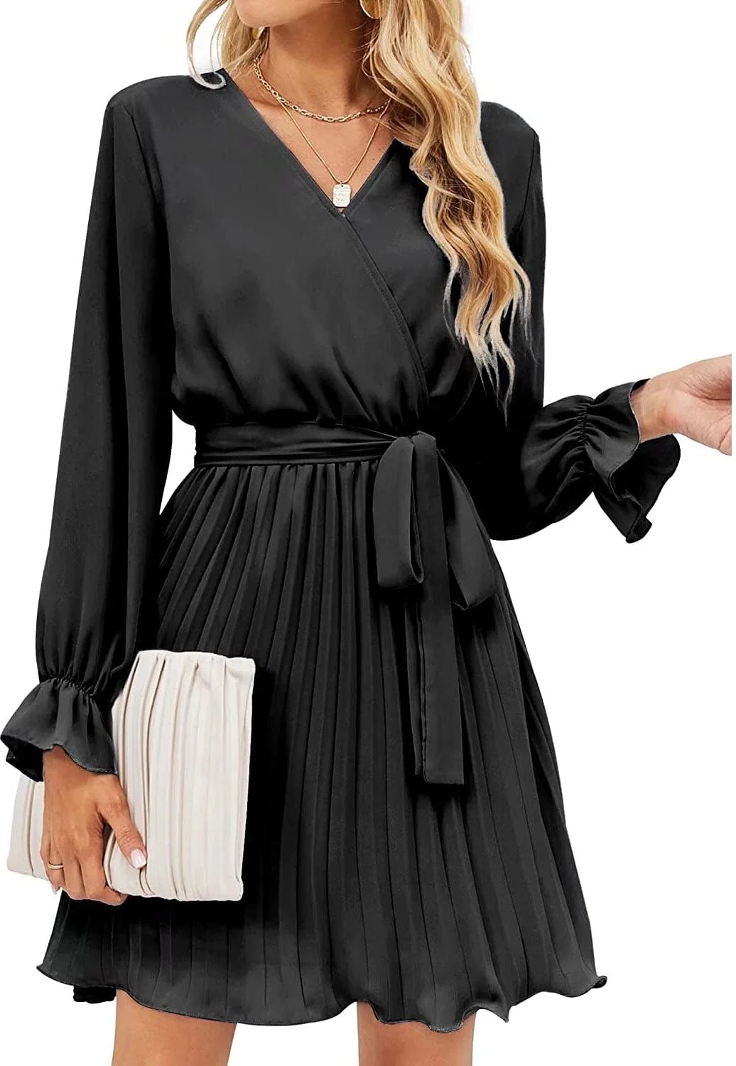 DailySale Womens Wrap V Neck Pleated Long Sleeve Mini Dresses