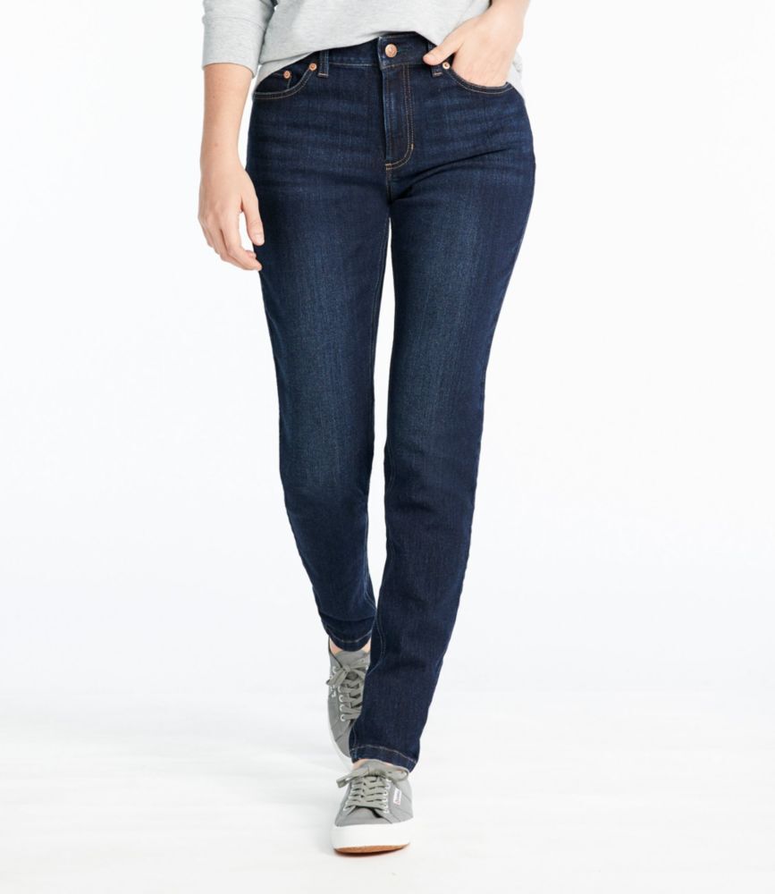Women's BeanFlex Jeans, Mid-Rise Skinny-Leg Rinsed 12 Petite, Denim/Leather L.L.Bean