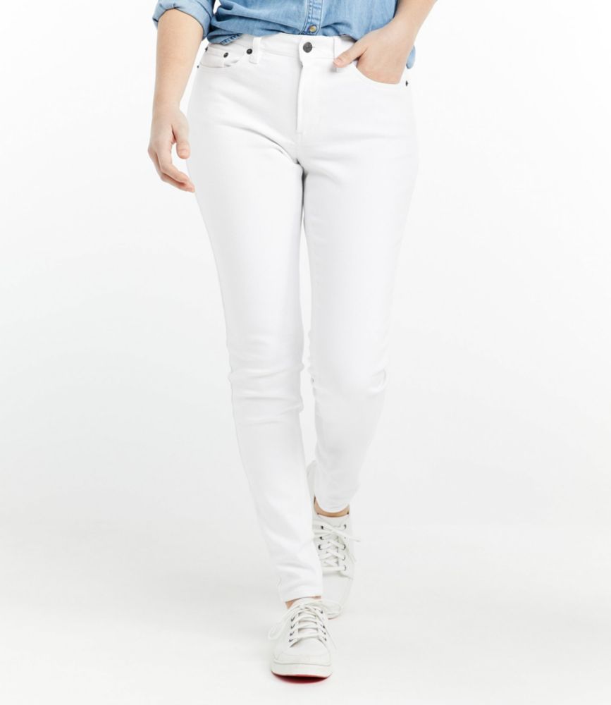 Women's BeanFlex Jeans, Mid-Rise Skinny-Leg White 14 Petite, Denim/Leather L.L.Bean