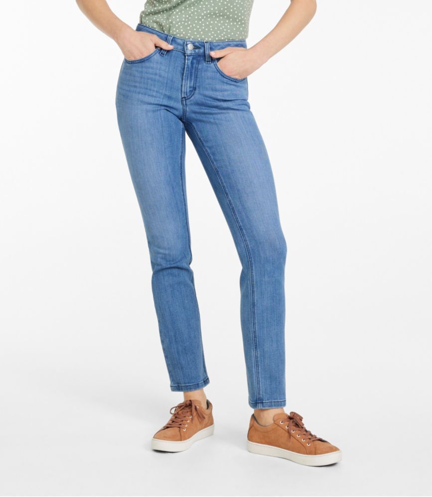 Women's BeanFlex Jeans, Mid-Rise Skinny-Leg Bright Indigo 14 Petite, Denim/Leather L.L.Bean