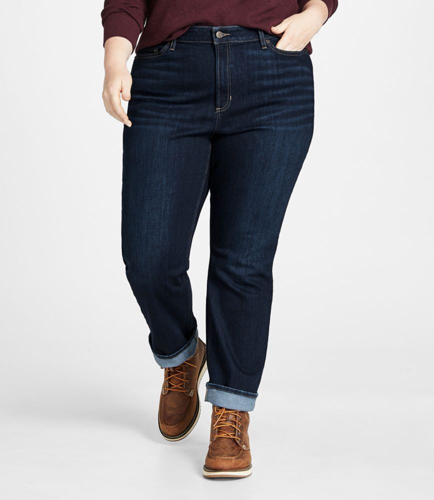 Women's BeanFlex Jeans, Mid-Rise Straight-Leg Rinsed 20W, Denim/Leather L.L.Bean