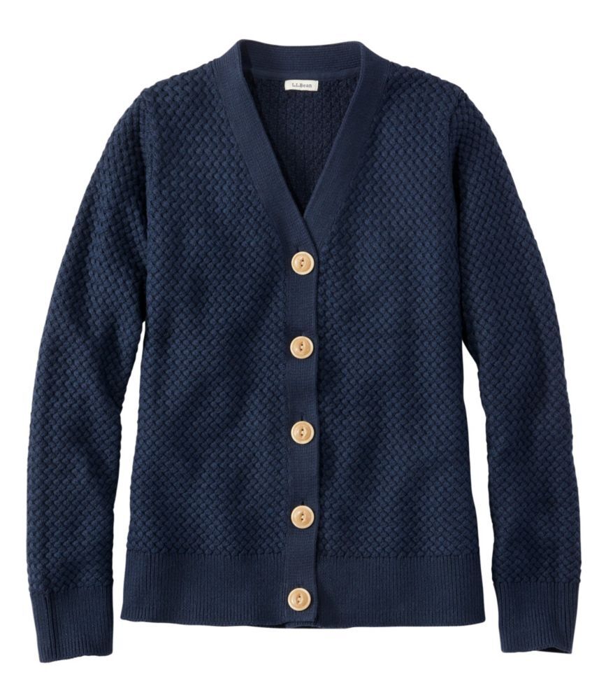 Women's Basketweave Sweater, Button-Front Cardigan Sweater Classic Navy Medium, Cotton/Cotton Yarns L.L.Bean