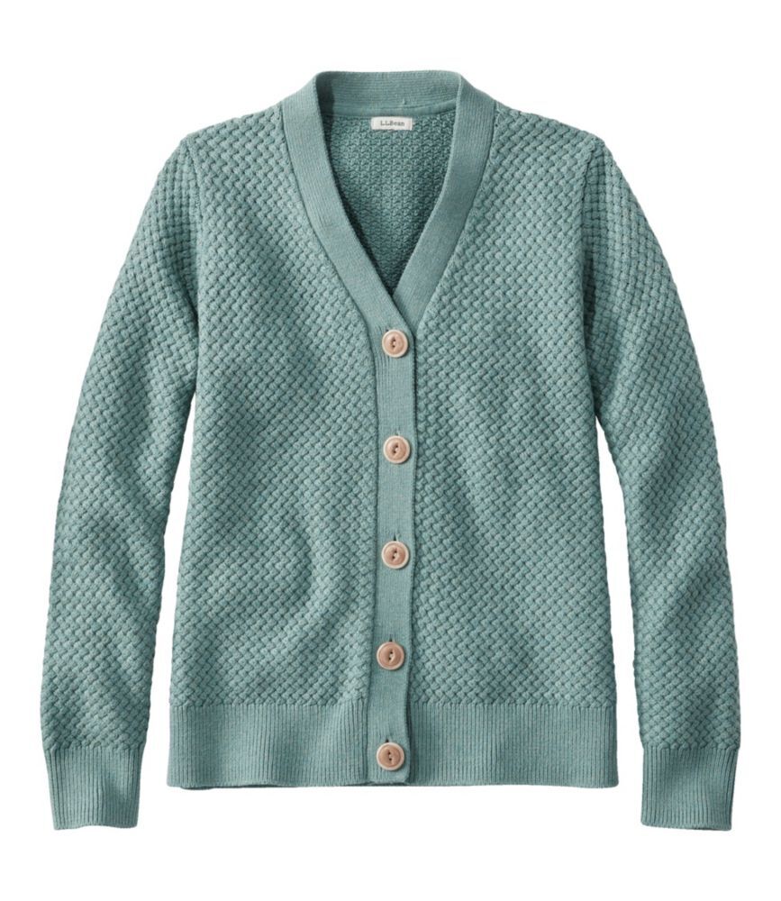 Women's Basketweave Sweater, Button-Front Cardigan Sweater Soft Spruce Heather Medium, Cotton/Cotton Yarns L.L.Bean