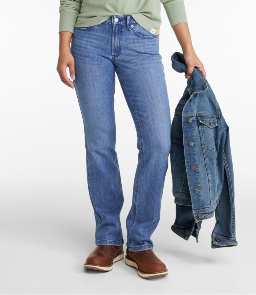 Women's BeanFlex Jeans, Mid-Rise Bootcut Bright Indigo 6 Petite, Denim/Leather L.L.Bean