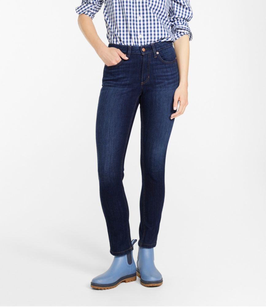 Women's BeanFlex Jeans, High-Rise Slim-Leg Ankle Rinsed 8 Medium Tall, Denim/Leather L.L.Bean