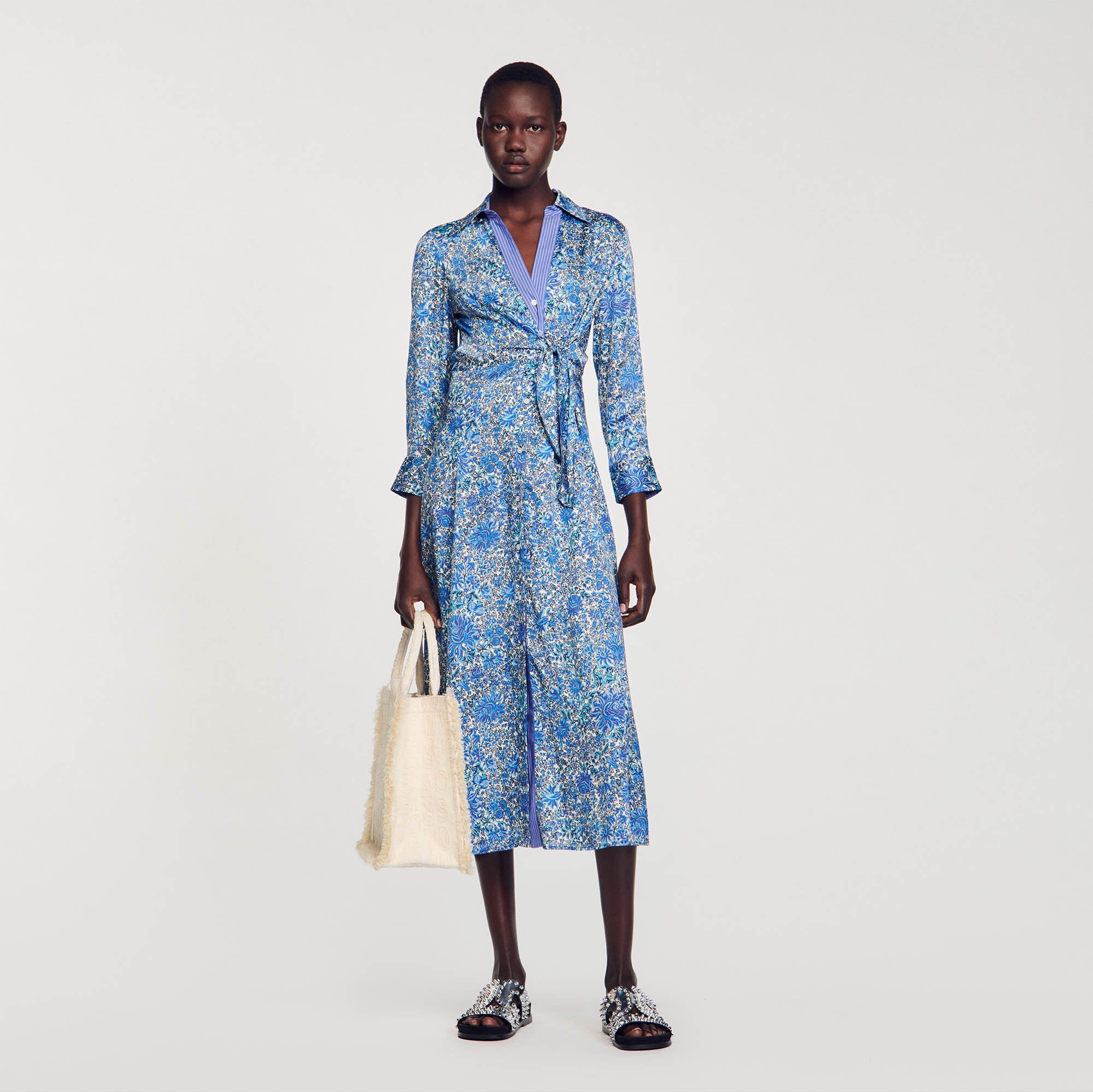 Sandro Floral Print Midi Shirt Dress - female - Blu / White - Woman-Dresses-FR 36 / US 4