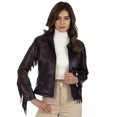 Wrangler Women's Wrangler Fringed Faux-Leather Jacket, Size: Small, Dark Brown
