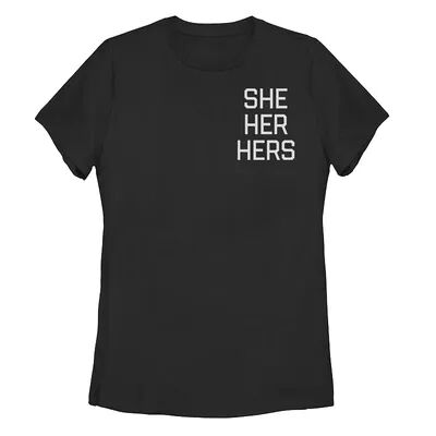 Unbranded Young Adult She Her Hers Left Chest Text Tee, Girl's, Size: Small, Black