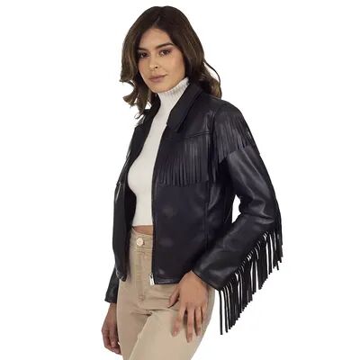 Wrangler Women's Wrangler Fringed Faux-Leather Jacket, Size: Large, Black