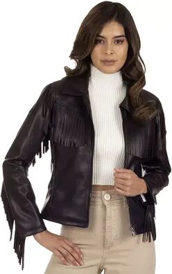 Wrangler Women's Wrangler Fringed Faux-Leather Jacket, Size: Medium, Dark Brown