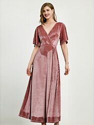 LightInTheBox Women's Velvet Dress Prom Dress Party Dress Long Dress Maxi Dress Pink Short Sleeve Pure Color Lace up Spring Fall Winter V Neck Fashion Party Mature Christmas Wedding Guest Birthday 2023 S M L