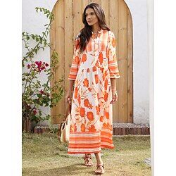 LightInTheBox Women's Holiday Dress Loose Satin Maxi Maxi Dress Orange 3/4-Length Sleeve flowers and plants Flower / Plants Printing Spring Spring and Summer Stand Collar V Neck Dresses Vacation Dress Vacation S M