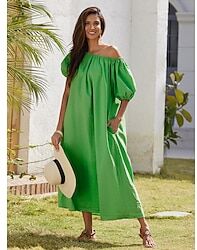 LightInTheBox Women's A Line Dress Green Half Sleeve plain color Ruched Belted Spring One Shoulder Dresses Convertible Dress Vacation Dress Vacation S M L