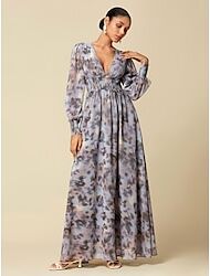 LightInTheBox Women's Maxi Dress Blue Long Sleeve Flower / Plants Chiffon Printing Spring   Fall V Neck Pattern Dress Flying Dress Corset Dresses S M L