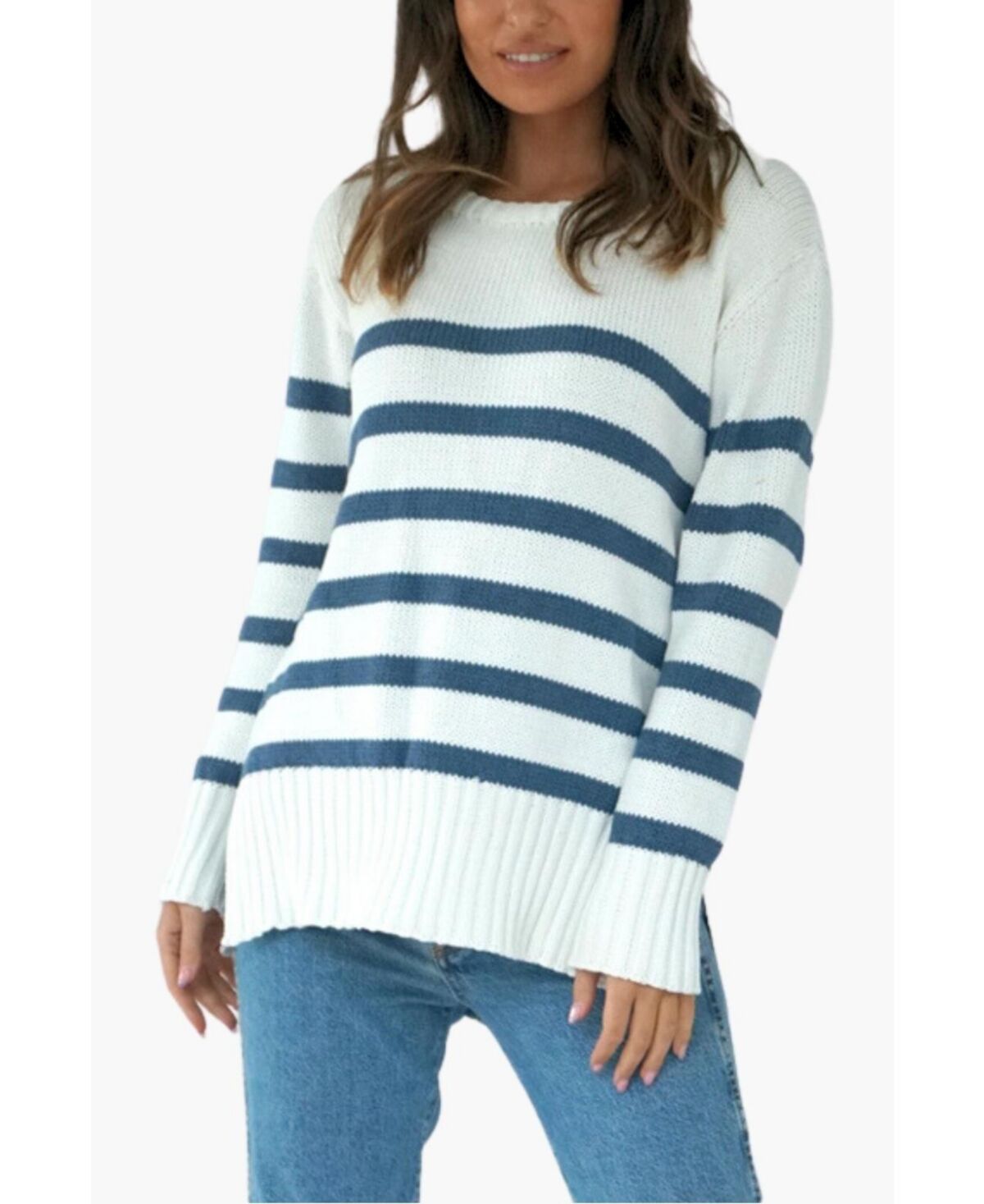 Paneros Clothing Women's Cotton Jodi Stripe Tunic Sweater - Indigo stripe