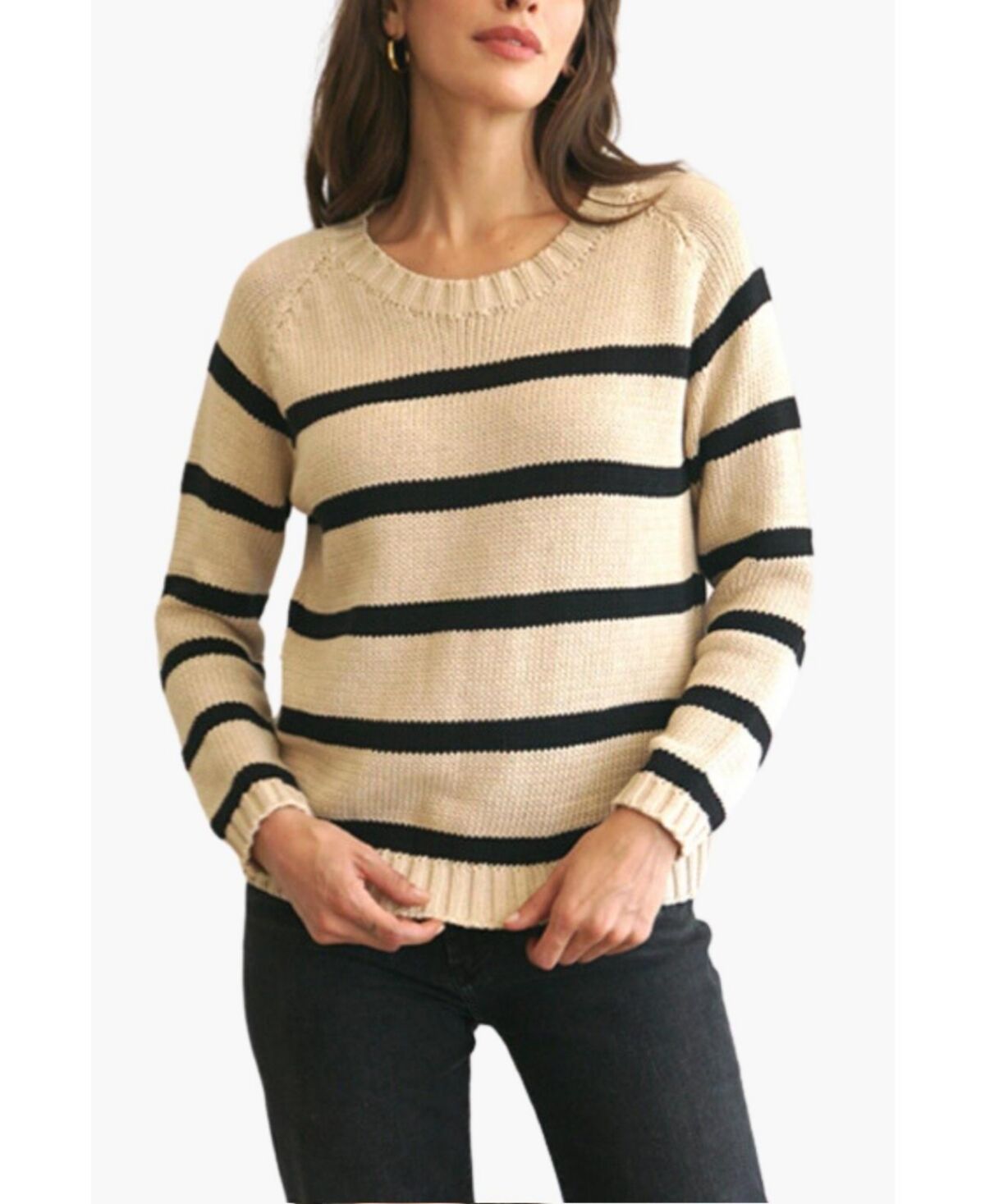 Paneros Clothing Women's Cotton Sloane Crewneck Pullover Sweater - Sand/ black stripe
