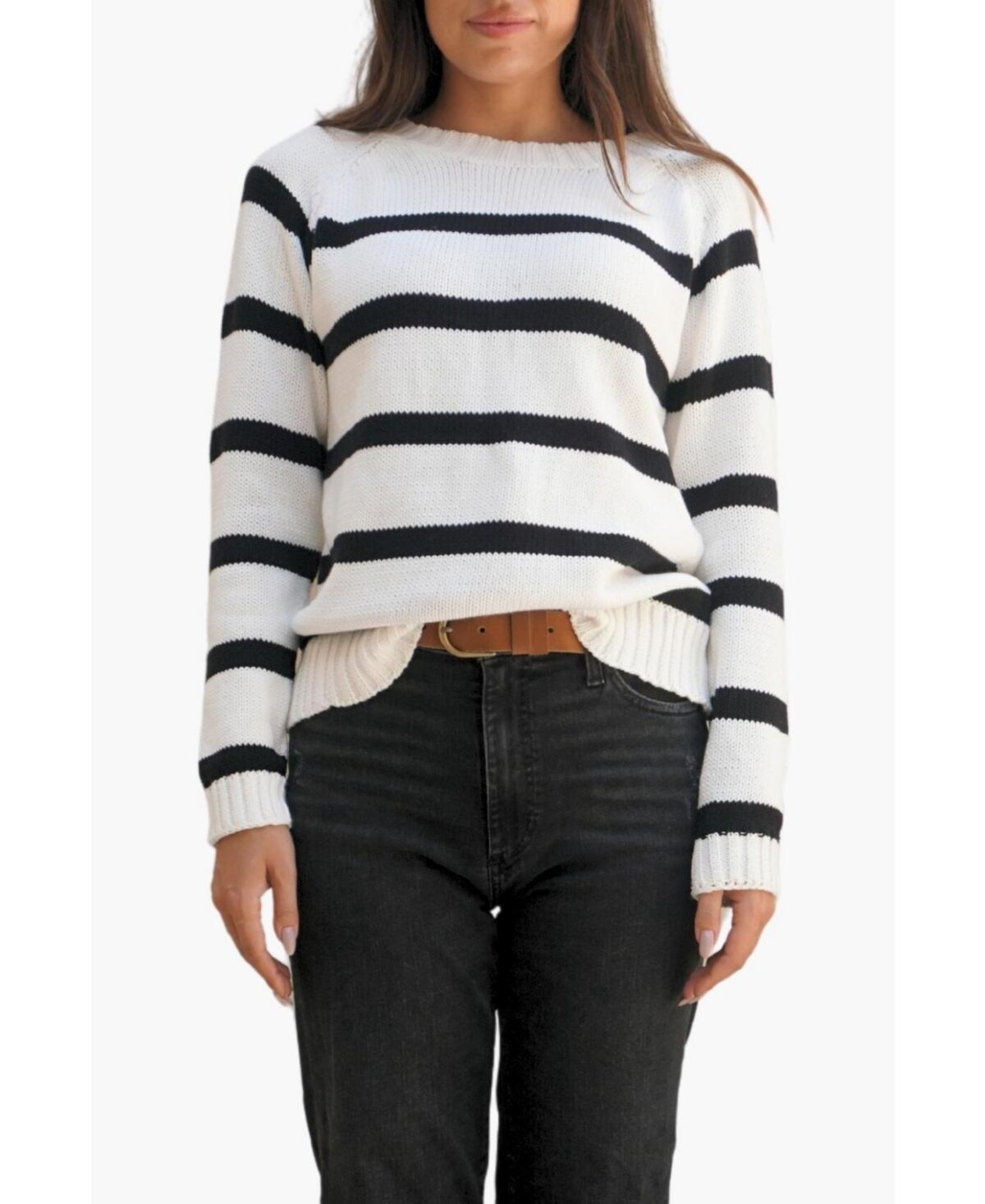 Paneros Clothing Women's Cotton Sloane Crewneck Pullover Sweater - Off white/ black stripe