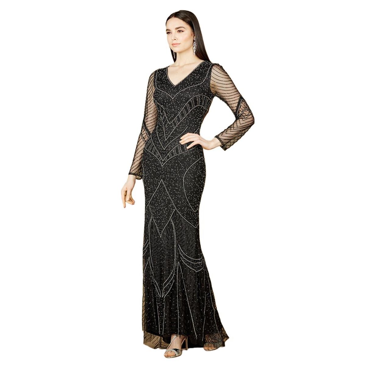 Lara Women's Long Sleeve Beaded Dresses with Sheer Sleeves - Black