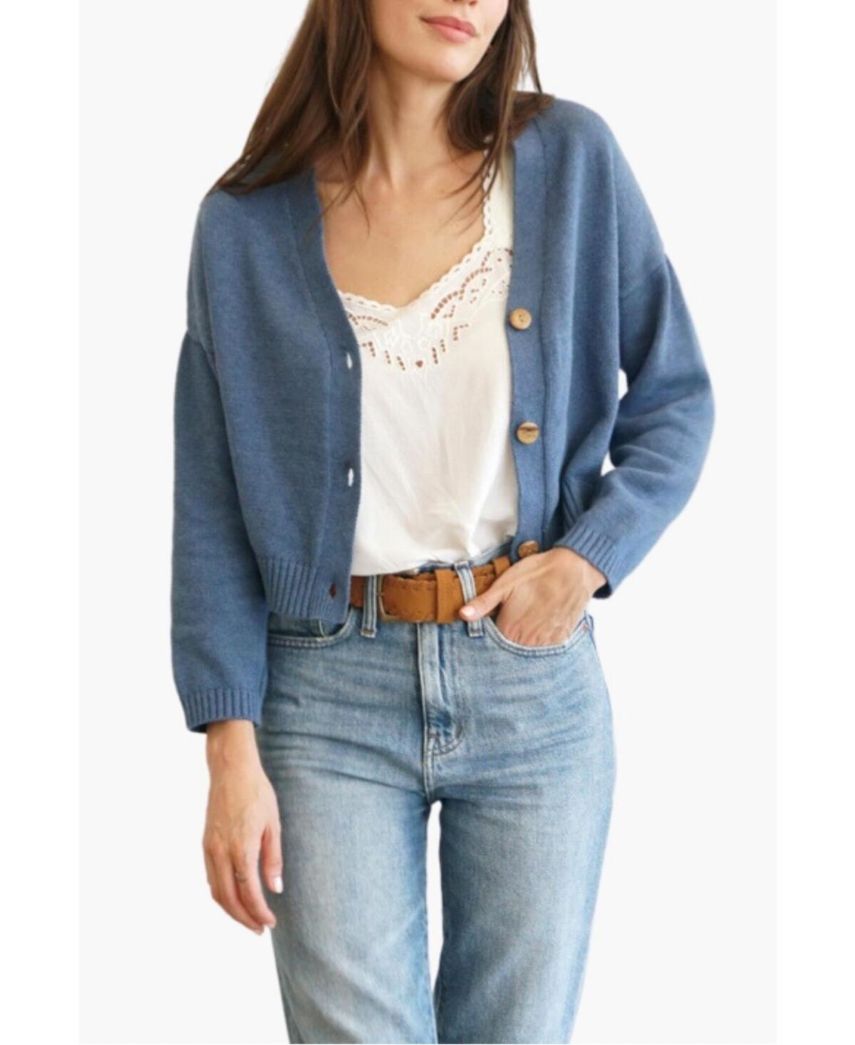 Paneros Clothing Women's Cotton Diana Crop Cardigan Sweater - Denim blue
