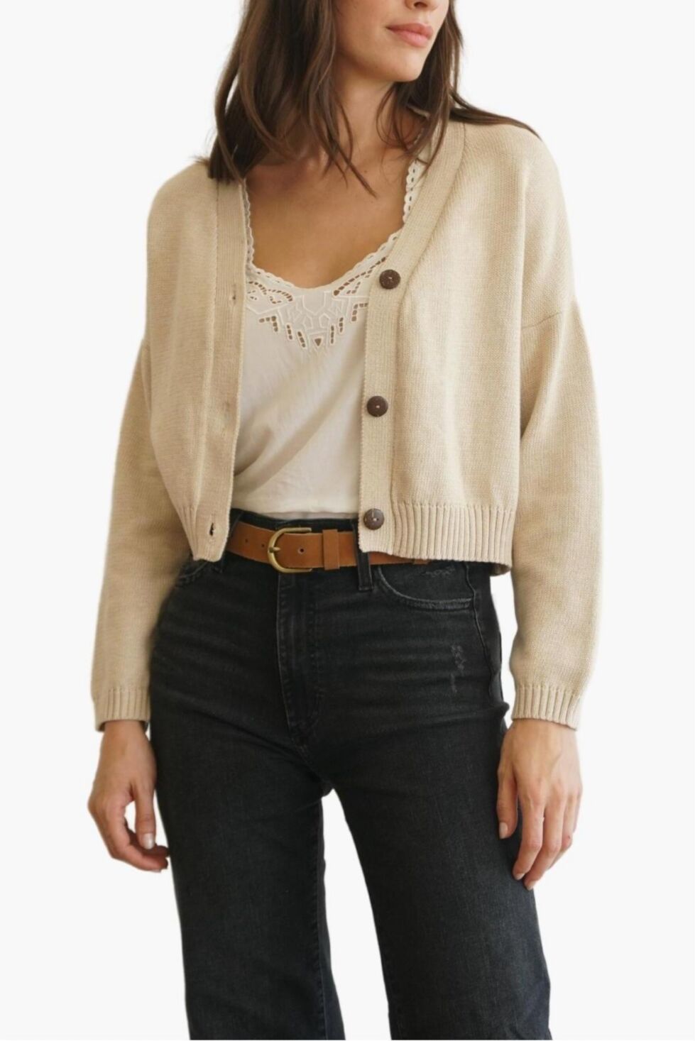 Paneros Clothing Women's Cotton Diana Crop Cardigan Sweater - Sand