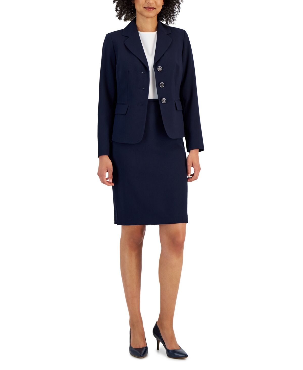 Le Suit Women's Notch-Collar Three-Button Skirt Suit - Navy