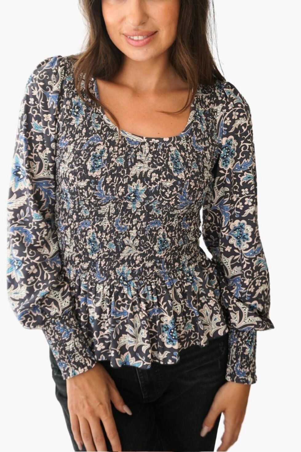 Paneros Clothing Women's Long Sleeve Smock Stella Top - Navy floral print