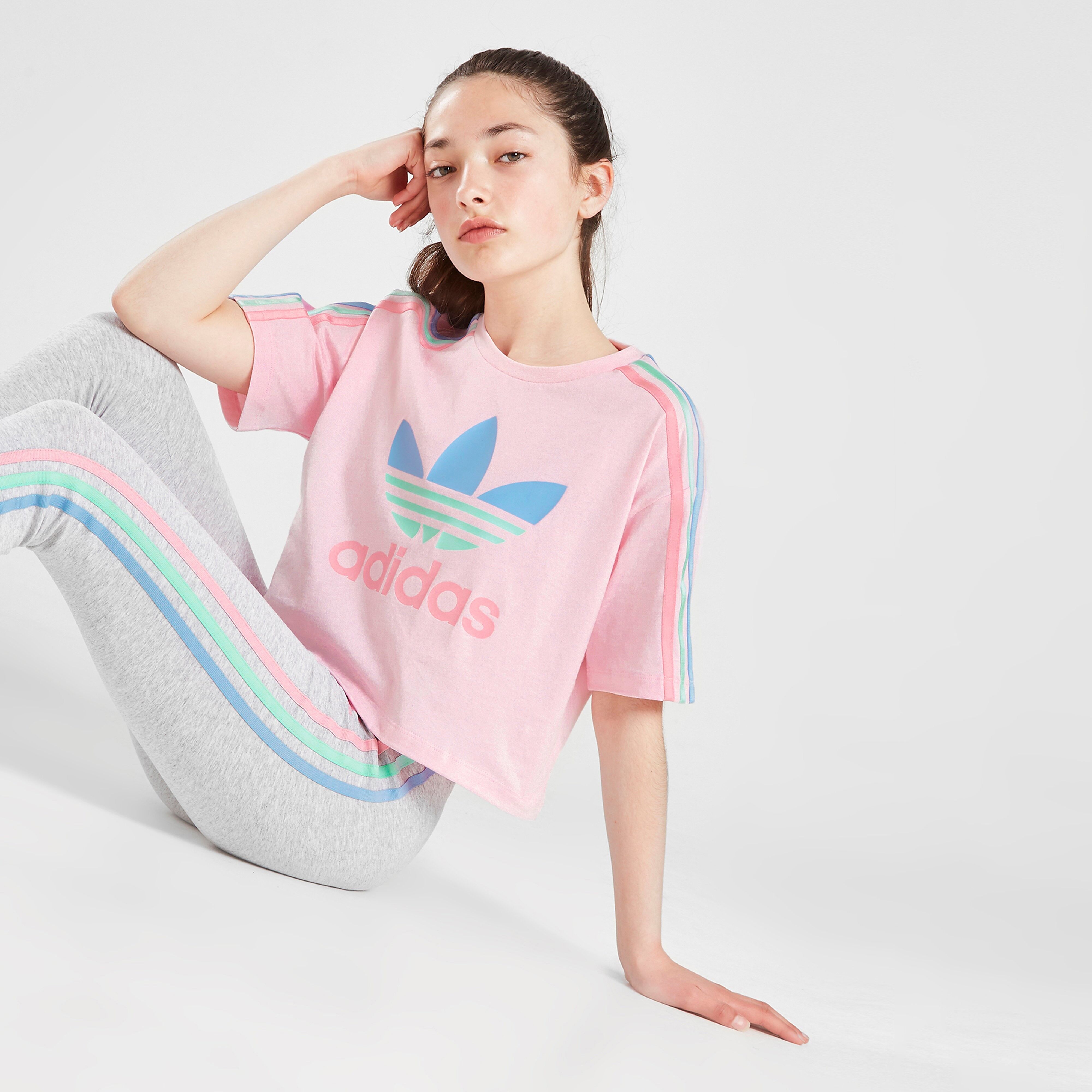 adidas Originals Girls' Tricolour 3-Stripes Crop T-Shirt Junior - Pink - Kids  size: 12-13Y