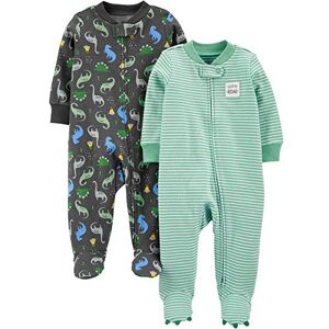 Simple Joys by Carter's Baby-Jungen 2-Pack 2-Way Zip Cotton Footed Sleep and Play Kleinkind-Schlafanzüge, Dunkelgrau Dinosaurier/Minzgrün Streifen, 0-3 Monate (2er Pack)