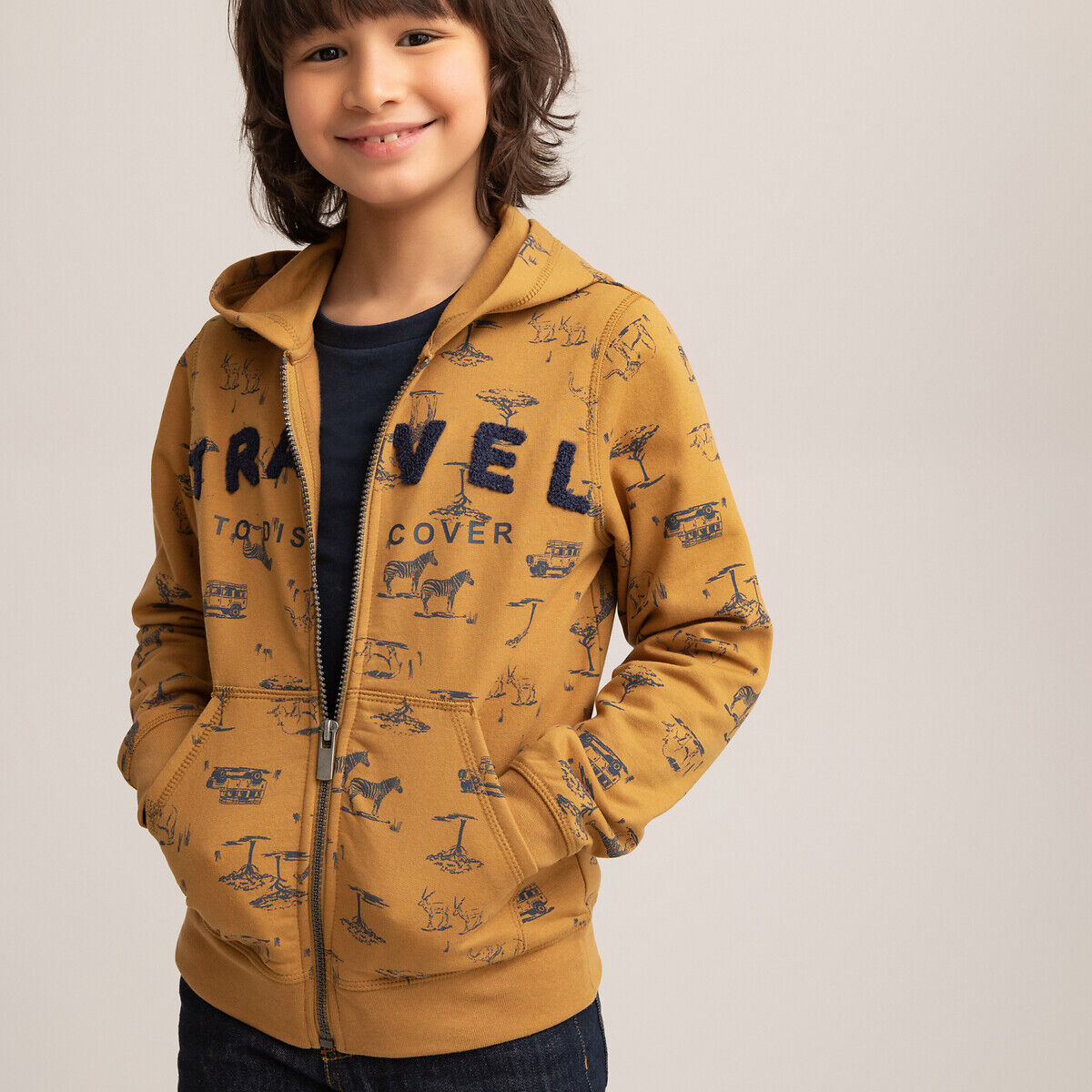 LA REDOUTE COLLECTIONS Kapuzensweatjacke mit Reissverschluss, Savannnenmotive, 3-12 Jahre BRAUN