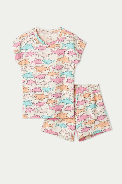 Tezenis Krátké Dívčí Pyžamo s Kimonovými Rukávy a Žraloky Dívka Multicolor Größe 12-13
