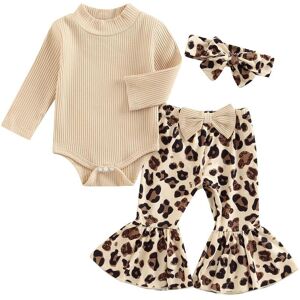 Little Fashionistas Baby-Mädchen-Hosen-Set, Langarm-Strampler + Schleife-Schlaghose Mit Leopardenmuster + Stirnband