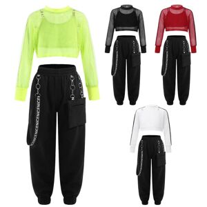 Iefiel Kinder Mädchen 3 Teile/satz Sport Outfit Weste Aushöhlen Mesh Langarm Crop Top Und Hosen Für Hip-Hop Tanz Skateboarding