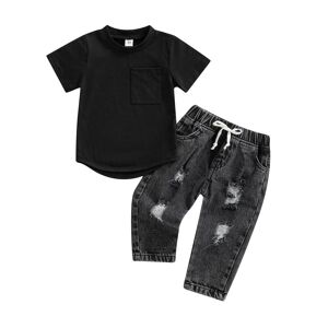 Little Fashionistas 2-Teiliges Set Für Baby-Jungen, Einfarbig, Rundhals-Kurzarm-T-Shirt, Oberteile + Zerrissene Jeans, Denim-Hosen