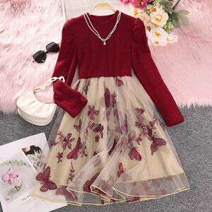 Yubaobei Floral Print Langarm Kleid Für Mädchen Frühling Herbst 2023 Neue Teen Kind Rot Stickerei Mesh Prinzessin A-Line Kleid Kleidung