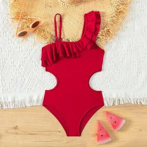 Fox Swimwear Retro-Roter Teenager-Mädchen-Badeanzug, Einteiler, 5–14 Jahre, Kinder-Badeanzug, Gerüschte Badebekleidung, Strandbekleidung