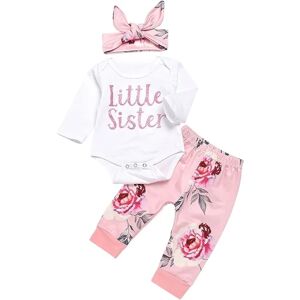 Tøjsæt til baby piger Nyfødt outfit Lillesøster Romper Top og rose trykte bukser og pandebånd 3 stk. 3-6 months Pink