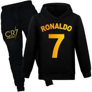 Børn Drenge Ronaldo 7 Print Casual Hættetrøje Træningsdragt Sæt Hættetrøje Top Pants Suit Black 130cm