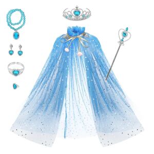Elsa Cape sæt 7 dele piger prinsesse kappe med tiara krone, tryllestav til små piger kjole opblå