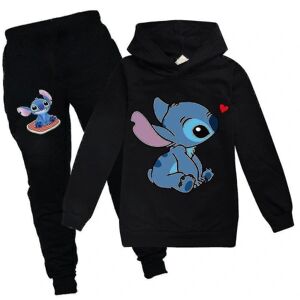 Børn Piger Stitch Træningsdragt Hættetrøje Overdele Hættetrøje Sweatpants Sæt Outfits Tøj 11-12 år Black