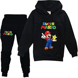 Barn Pojkar Flickor Super Mario Print Träningsoverall Sæt Hættetrøje Sweatshirt Pullover Toppar Joggerbyxor Outfits Sort 9-10 år