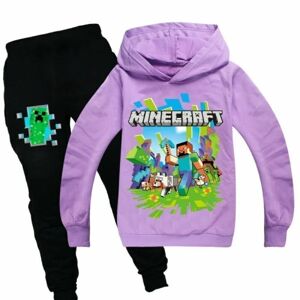 Børn Drenge Minecraft Hættetrøje Træningsdragt Sæt Langærmede Hættetrøjer H Lilla purple 7-8 years (140cm)