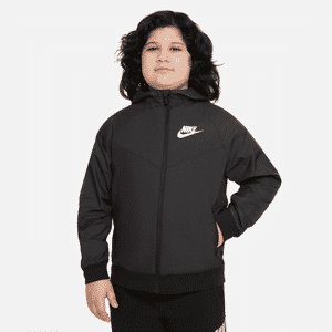 Løstsiddende, hoftelang Nike Sportswear Windrunner-jakke (udvidet størrelse) med hætte til større børn (drenge) - sort sort XL+
