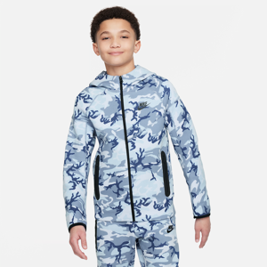 Nike Tech Fleece Camo-hættetrøje med fuld lynlås til større børn (drenge) - blå blå XS