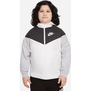 Løstsiddende, hoftelang Nike Sportswear Windrunner-jakke (udvidet størrelse) med hætte til større børn (drenge) - hvid hvid M+